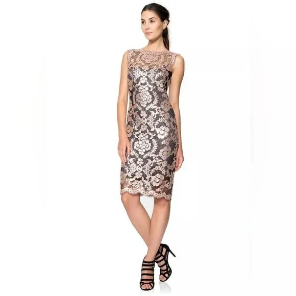 Tadashi Shoji Antique Pink Illusion Sequin Paillette Embroidered Lace Dress - Picture 5 of 15